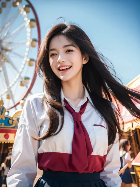 woman in a school uniform,half body shot,flowing hair,(best quality,highres), on the amusement park,illustration,detailed eyes,detailed lips,cheerful expression,vibrant colors,bright lighting,fun atmosphere,happy pose,crowds of people,carousel,hazy backgro...