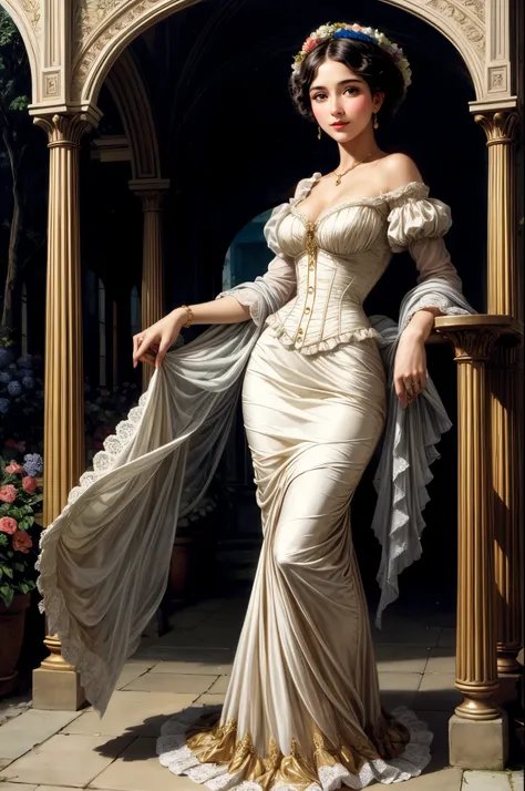 ((full body)), ((best quality)), ((masterpiece)), (detailed), young woman with cascading golden curls, sparkling sapphire eyes, and a radiant smile, dressed in an elegant Victorian-era gown with intricate lace details and a voluminous skirt, holding a deli...