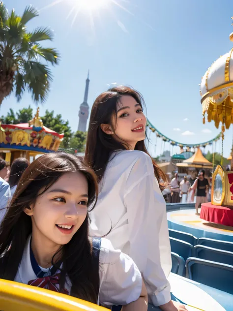 woman in a school uniform,half body shot,flowing hair,(best quality,highres), on the amusement park,illustration,detailed eyes,detailed lips,cheerful expression,vibrant colors,bright lighting,fun atmosphere,happy pose,crowds of people,carousel,hazy backgro...