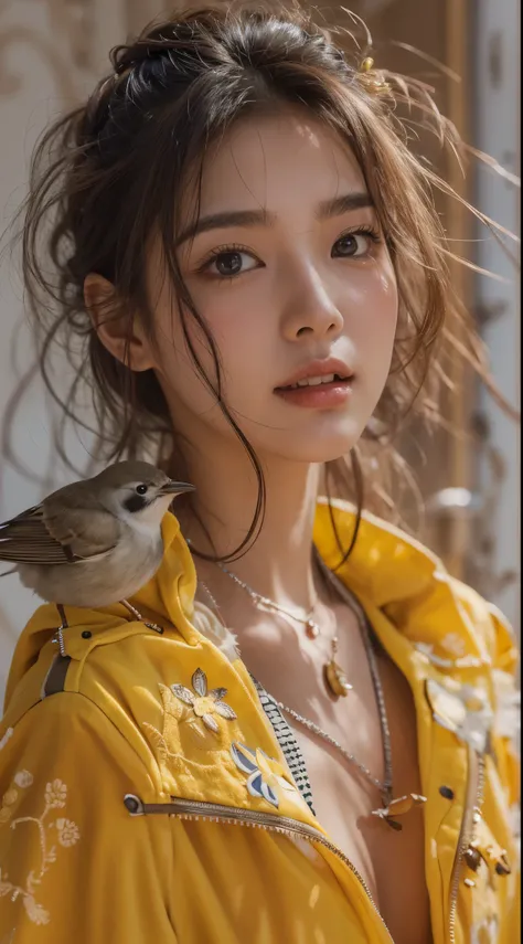  A Korea girl smile with bird  in church , top view details face , details body , wear bomber jacket yellow