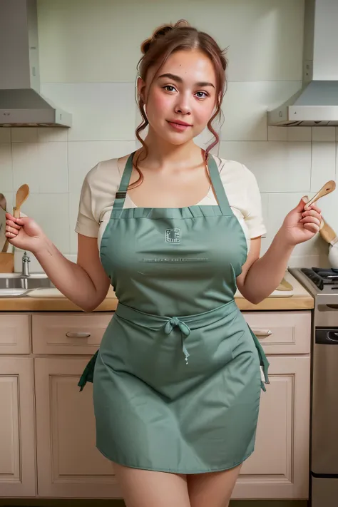 a blushing girl cooking in a kitchen, wearing an apron, she is the best companion one could have, she has green eyes, in an apron that accentuates her curves, voluptuous, (best quality, high resolution), bright lighting, vibrant colors, detailed facial fea...