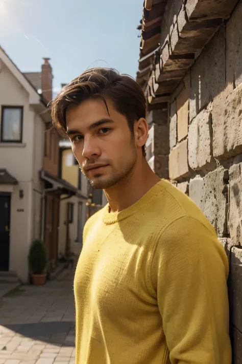 30 years old man at exterior, dressed with a yellow sweater, sunny, sun, detailed face