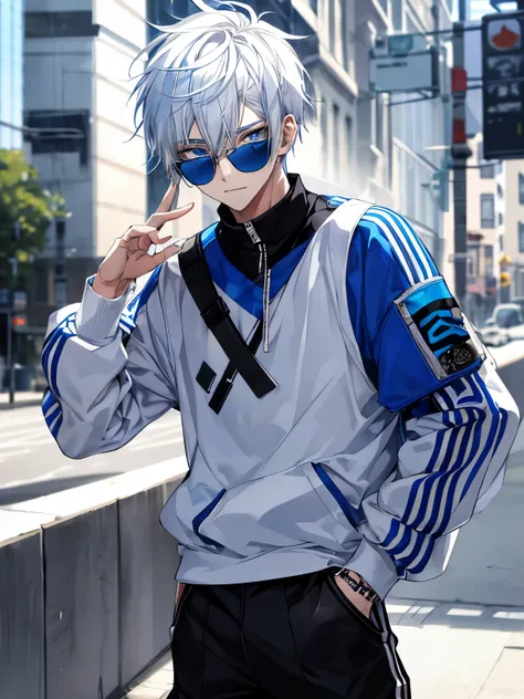 A male teenager with white hair and blue eyes, wearing streetwear and holding a sunglasses