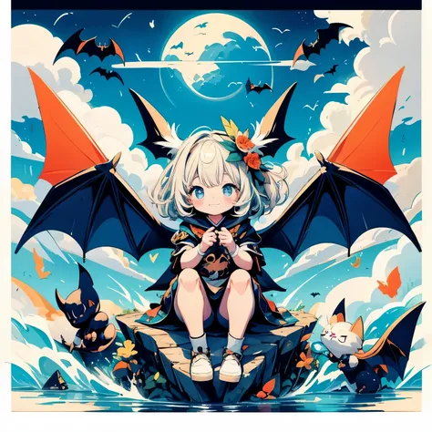 masterpiece、The highest image quality、Chibi、Cute、Girl personified a bat、fullnude、Bat Wings、spread legs, dynamic angleThe best smile、细致背景