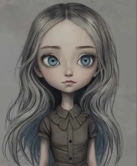 Un primer plano de una chica muy triste con el pelo largo (rubio) y los ojos grandes y azules, Anton Semenov, Mark Ryden muy detallado, Estilo Mark Ryden, Mark Ryden en el estilo de, Estilo de Mark Ryden, inspirado por Mark Ryden, Naoto Hattori, Adorable p...