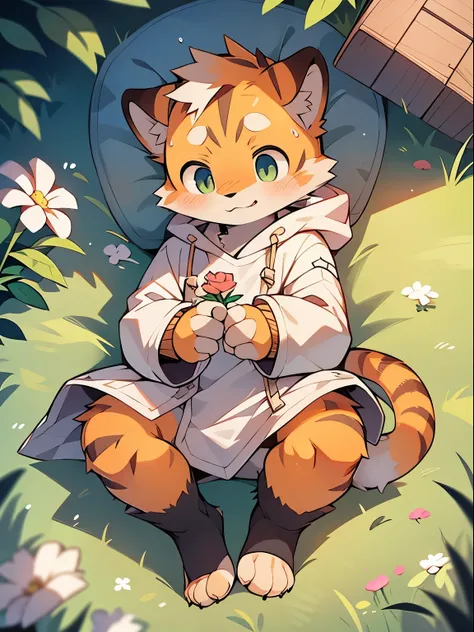 Masterpiece, Best quality, Perfect anatomy, Watery eyes, author：Milk Tiger 1145, author：K0bit0wani, Furry, orange tiger, (Phyllis:0.3), Muscular male, Solo, wears, baggy clothes, wet fur, (Translucent raincoat:1.1), (holding flower:1.1), Lying, birds eyes ...