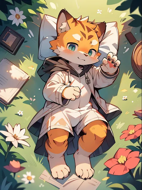 Masterpiece, Best quality, Perfect anatomy, Watery eyes, author：Milk Tiger 1145, author：K0bit0wani, Furry, orange tiger, (Phyllis:0.3), Muscular male, Solo, wears, baggy clothes, wet fur, (Translucent raincoat:1.1), (holding flower:1.1), Lying, birds eyes ...