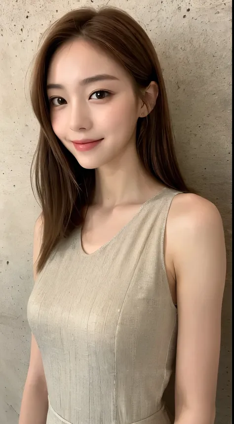 ((highest quality, 8K, masterpiece: 1.3)), 1 girl, The beauty of slim abs: 1.3, (Hairstyle Brown Hair Shortcuts, big: 1.2), dress: 1.1, super slender face, delicate eyes, double eyelid, smile, Concrete wall background, RAW photo