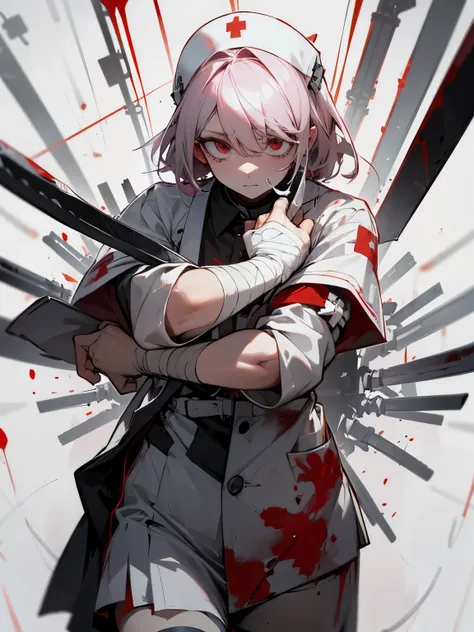 Blood droplets、blood、Internal organs、hospital、White and black nurse uniform、Bandages on both arms、Bandage on the leg、have a knife、cadaver、impatient face、be bothered、panic、