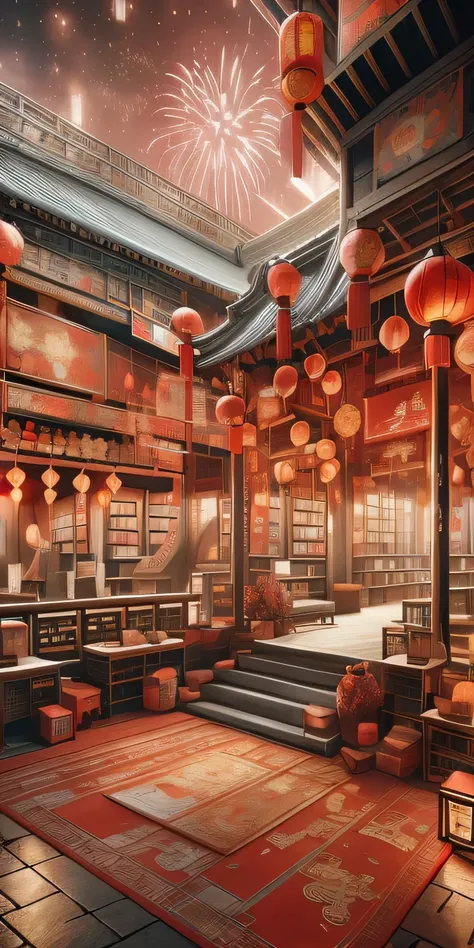 There is a room with many red lanterns and fireworks show, 鲁瓦纳概念艺术library, library, Cyberpunk Chinese Ancient Castle, Beautiful rendering of the Tang Dynasty, Cyberpunk Japanese Temple, rossdraws global illumination, 哥特式史诗library概念, 无限天文library, 布满灰尘的libra...