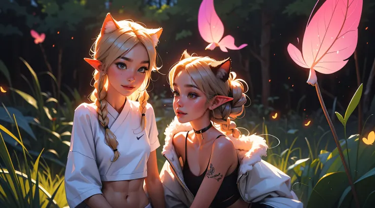 2 elf girls, 19 years old, multicolor hair, long braids, cat ears, sunset, fireflies, extreme abs, cute face, smiling, naked, nude, tattoos, fluorescent, magical scene, beautiful, fashion, splash of color, paint splatter, rainbow lights,