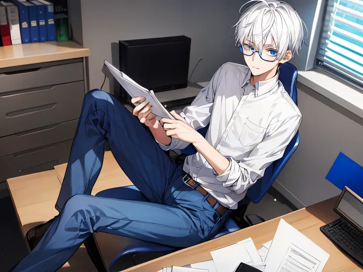 A slim male teenager with white hair and blue eyes, glasses, shy, office, casual clothes