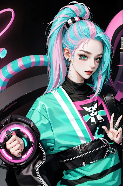 kpop girl with rizz smile face, bad ass, black,neon cyan pink hair, tattoos on hands and neck, piercing, black mixed green striped sweater, cool badass pose, smoke background, colorful smoke background