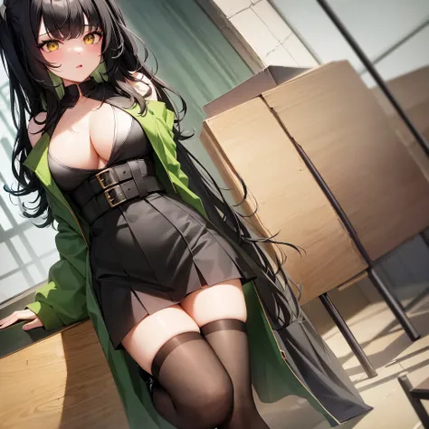 1 girl, black hair with green bangs, red lips, sheer shirt, jacket on top, with a pladded black skirt, thigh-highs, yellow oversized shoes