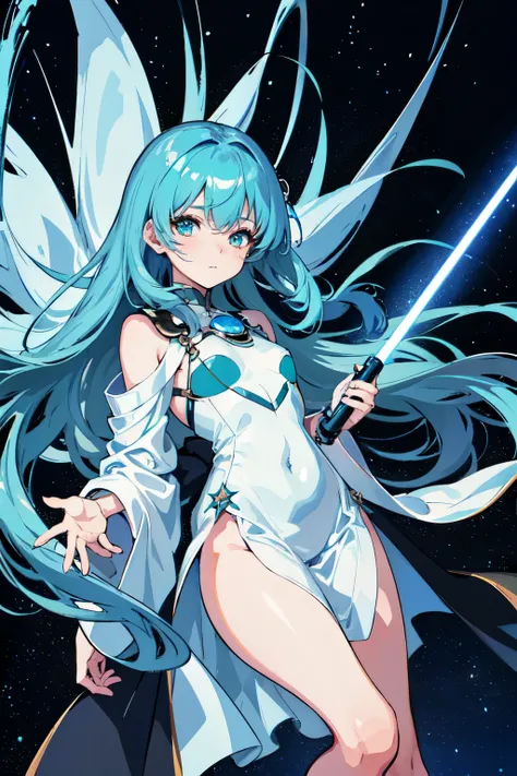 A mesmerizing anime image: An ethereal girl in a swaddled dress, surrounded by the vast expanse of space, clutches a gleaming blue lightsaber. The intricate interplay of light and dark creates an enchanting ambiance reminiscent of Nobuo Sekines artistry. T...