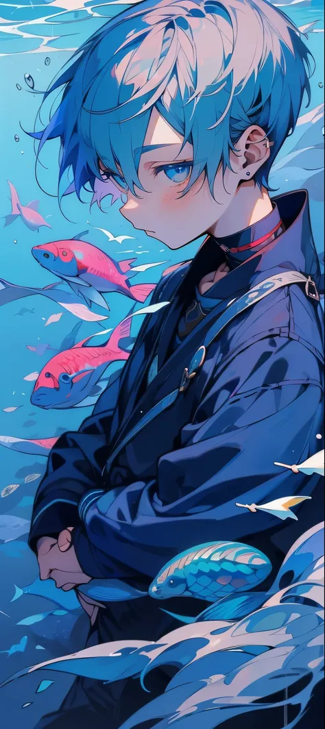 (muste piece), (best quality), very detailed, 1 boy, solo full body shot, perfect face, (beautiful boy:1.4), very detailed顔，(Blue-haired shorthair:1.5)，(blue eyes:1.4)，(Ocean中:1.4)，Ocean，School of small fish，Light，bubble，jellyfish，Ocean藻，Red fish，Yellow fi...