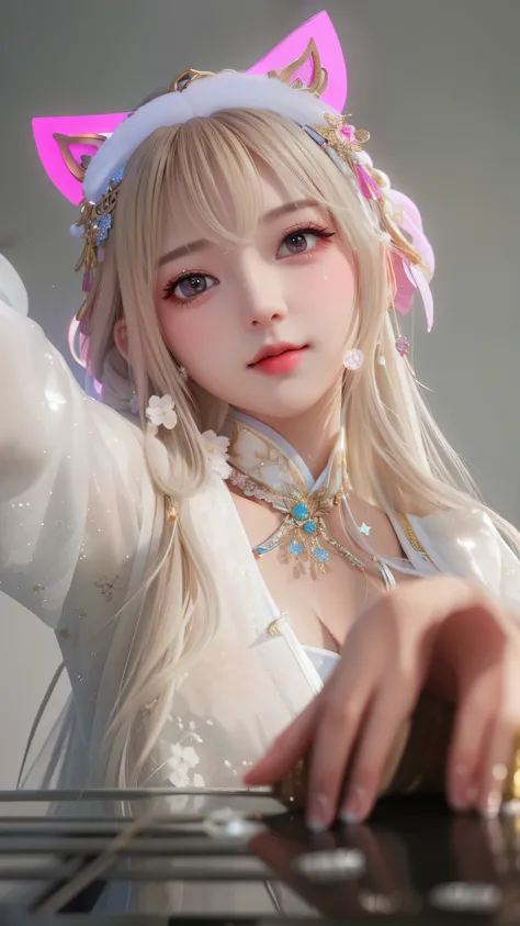 best quality, masterpiece, highres, 1girl,blush,(seductive smile:0.8),star-shaped pupils,sexy china hanfu, princess, very luxury, hair ornament,necklace, jewelry,Beautiful face,upon_body, tyndall effect,photorealistic, dark studio, rim lighting, two tone l...