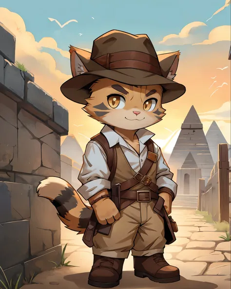 Cat dressed as indiana jones, chibi, standing, background pyramid, stunning style