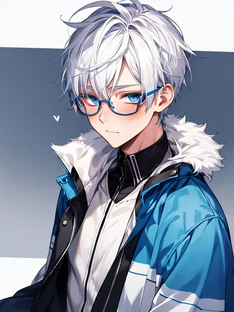 A male teenager with white hair and blue eyes, glasses, blushing 