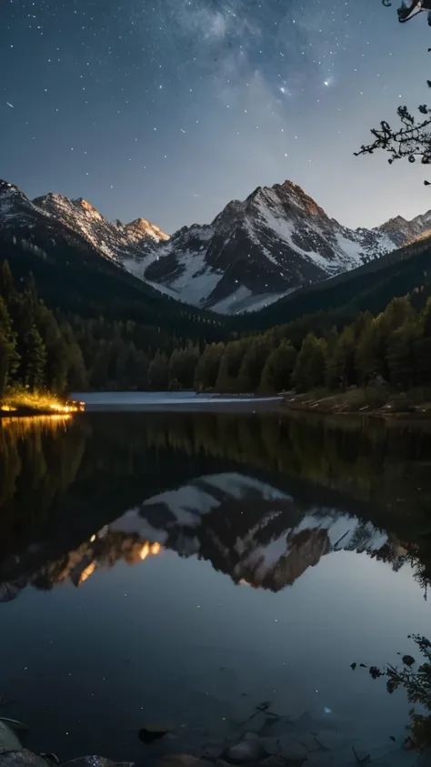 late night, sky full of stars, mountains, forest, small lake, super detail, sharp focus, cinematic, realistic, life a like, ultra hd, 8k, masterpiece, top quality