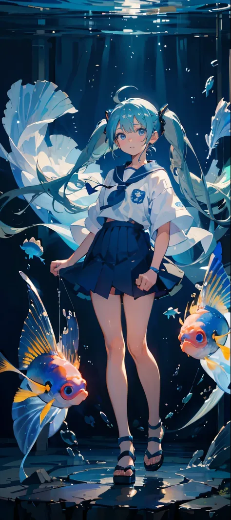 (muste piece), (best quality), very detailed, 1 girl, perfect face, (solo full body shot:1.3), very detailed顔，(Blue-haired twintails:1.5)，(blue eyes:1.4)，(Oceanの中:1.4)，Ocean，School of small fish，Light，bubble，jellyfish，Ocean藻，Red fish，Yellow fish，深Ocean，fan...