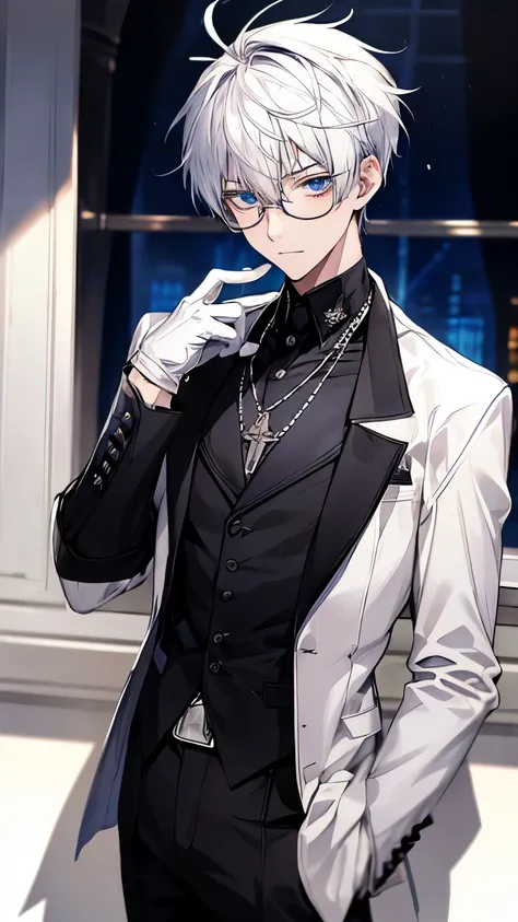 A male teenager with white hair and blue eyes, glasses, staring innocently, on a date, necklace, gloves