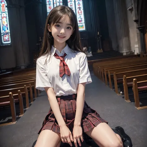 ((Photograph the entire subject、Fit to screen))、((Full Body Ebione))、((Side shot))、((small breasts、flat chest))、((12 years old、teenage girl)), ((A white shirt with short sleeves、Red plaid mini pleated skirt)), ((Red Tie))、 ((Black booties))、((Kneel in chur...