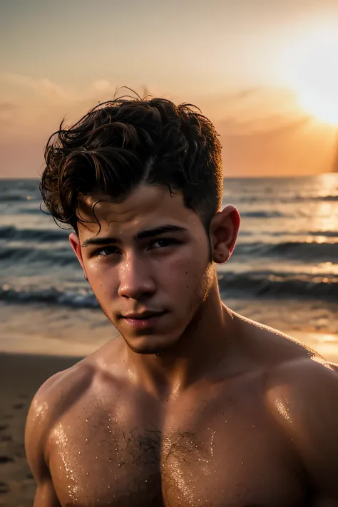 Portrait de Nick Jonas, cheveux courts ondulés mouillés, sexy spectaculaire, aux seins nus, poitrine poilue, spectaculaire sunset beach scene, 8K, HDR, reflex numérique, ultra réaliste, spectaculaire, Haute qualité, fermer, graveleux