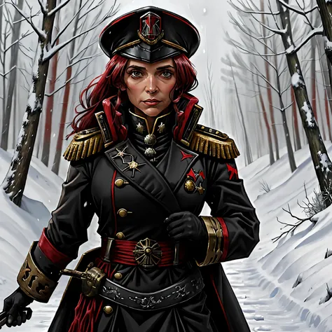 warhammer_40k_commissar, woman, black uniform, ((snowstorm)) forest, red sash, ((old, wrinkles, eyebags))
 as-elderly,