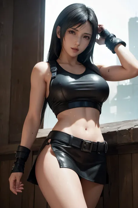 nsfw,(Top Quality, Masterpiece: 1.1), (realisitic:1.3), BREAK (((FF7,Tifa_lockhart))),Ultra-detailed face, Detailed RED eyes,black Brown Hair, (Large breasts: 1.2),(A dark, old ruins:1.3,wet,dark), BREAK (((FF7,Tifa_lockhart))),(Tifa_lockhart is police ,we...