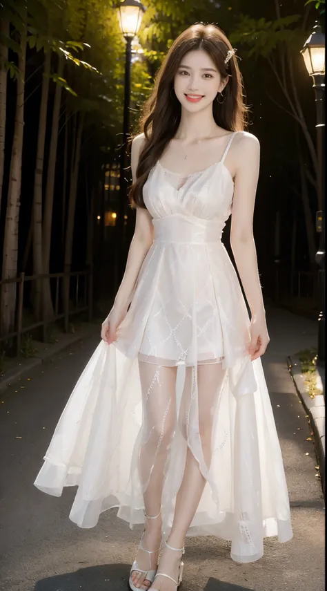 Sweet girl dress2,dress, ((full body)), ((leaning forward)), ((from below)), ((realistic)), 1girll, posed for photo, Outdoor scene, the night, lamplight, Stand up, Pleasing posture, Eye-catching poses, pretty legs, looking at viewert, Detailed scenes, curl...