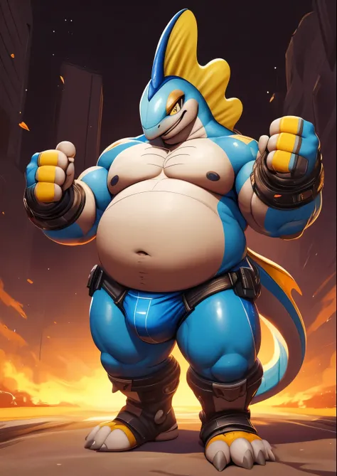 Blue genitalia，alone，male，chubby，Fat minora，Shirtless，victory pose， alone， detailed， high resolution，， masterpiece，Excessive obesity，Obesity in the extremities，Lift your feet，foot in the air，correct body proportions，overweight，briefig bulge，Inteleon，roadho...