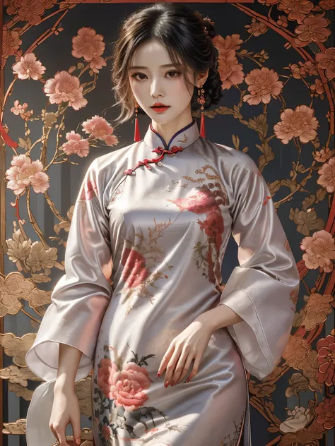 （beautiful girl wearing cheongsam），（柔and色调的，pink，purple，blue，verde claro，peach brown，red，）温暖的颜色and冷色相结合，the picture will look co...