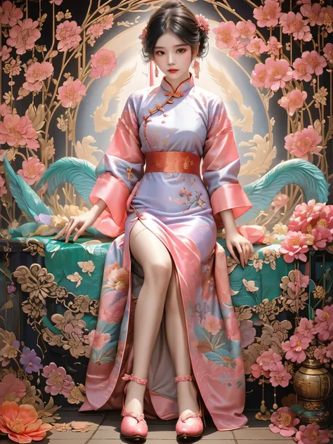 fashion design, featuring a beautiful girl wearing a soft toned qipao, with a combination of warm and cool colors (pink, purple,...