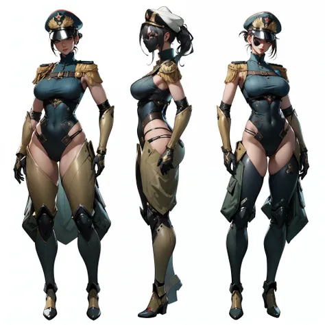 three different poses of female commissar, masterpiece, best quality, detailed face, 1girl, video game character design, charact...