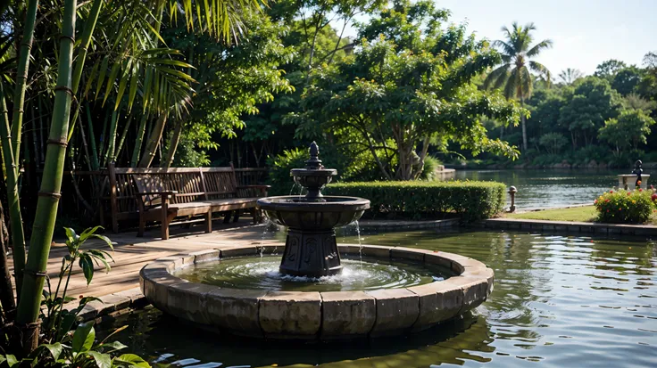 Fountain from the tip of bamboo on the water