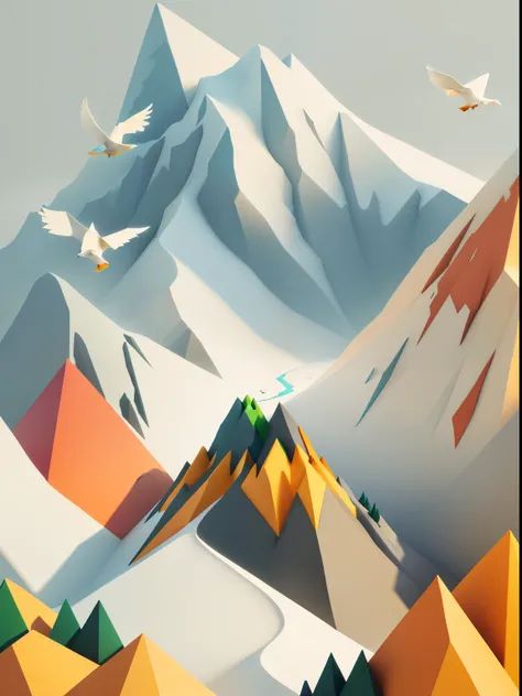 different color, there are many birds flying over a mountain with trees, 2 d low polygon art, super detailed color lowpoly art, stylized as a 3d render, low-poly digital art, low poly graphics, dreamy illustration, high quality lowpoly art, low poly 3 d re...