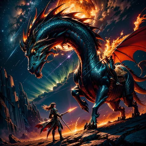 (Galaxy stars Nebula Spacious Sunrise evening_glow distant_view Sunset rich_colors colorful wide-angle_lens shooting_evening positive_film naturalistic_style) Create a digital art masterpiece depicting a fearless and battle-worn dragon slayer standing defi...