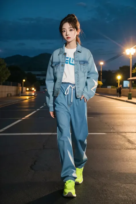 (Dahyun&#39;Photo of, Jeans, Jogging pants, track pants, at night, neon), (detailed light, ผิวที่มีรายvery detailed, ผมที่มีรายvery detailed, Shadow, 8ก), look at the audience, (high key lighting), masterpiece, highest quality, highest quality, official ar...