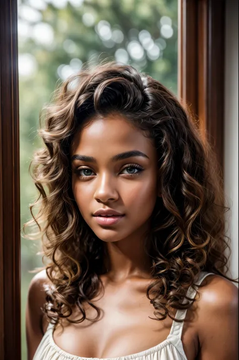 Meisterwerk. best quality, Brown-skinned young woman with green eyes and curly hair poses for a photo, Soft Portrait Shot 8K, Beautiful young girl, beautiful portrait picture, Photo of a beautiful woman, perfektes Gesicht und Augen, gorgeous face portrait,...