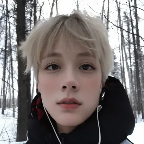 Chico rubio con auriculares en la nieve en el bosque., contraction serpentine / jugador ludwig, very piel blanca muy, very pale, cara de jimin precisa, solo nieve al fondo, extremely pale blonde hair, piel blanca muy, very pale, extremely pale white skin, ...