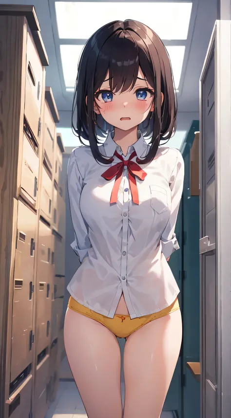 Solo, (1girl), single,  fluttering white collared shirt hem, swaying white collared shirt hem,  (light yellow panties), Sexy,  standing,  ((arms behind back)), classroom, girl with：With a girl standing in front of a locker、hair is black and long,、Tied with...