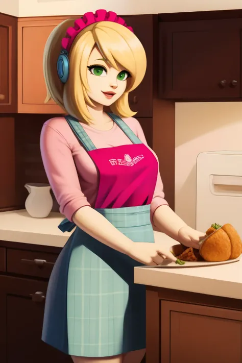 robot housewife, blonde hair, pink shirt, pink hairband, green-white plaid apron