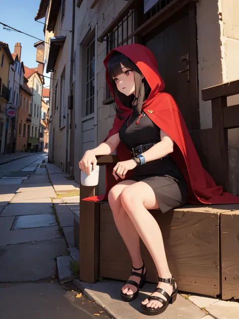 anime illustration、High resolution、serious 15 year old、Red hood golden perm hair、medieval french city at dusk、crowd of shadows、sit on the ground