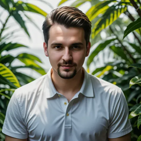 there is a man standing in a garden with a banana in his hand, maxim shirkov, michal lisowski, bogdan rezunenko, daniil kudriavtsev, cinematic headshot portrait, kacper niepokolczycki, jakub kasper, artem, andrei ryabovichev, ryan dening, attractive male