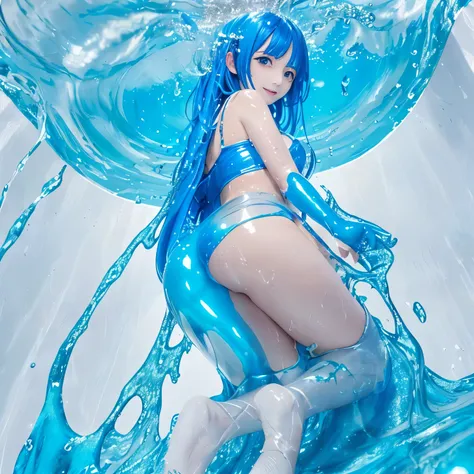 (hight resolution,masutepiece:1.2),Ultra-detailed,(Realistic:1.37),  Slime Girl,covered in blue slime, (partially transparent), (Wet with water), (blue sweat), Slimy blue liquid dripping from her body. Her hair is also covered in blue slime. blue slime sca...