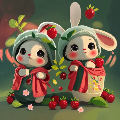 : 3. bunny, realistic, furry animal, apple, black eye, blush, cherry, food, flower, full body, cute little hat, non-human, strawberry, tomato, flat color, simple color, tarot card style