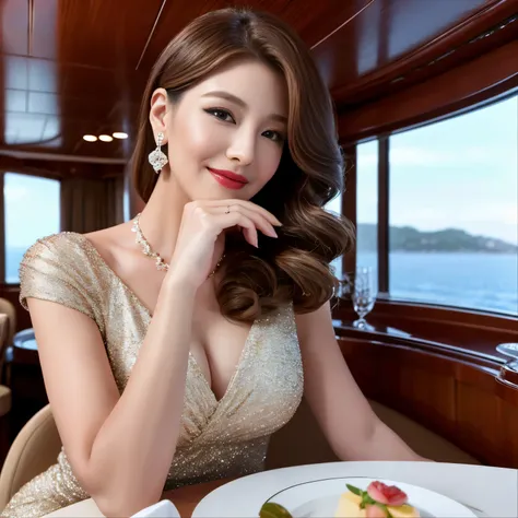 (highest quality、table top、8K、best image quality), The most beautiful and elegant 45 year old mature woman、(Luxury cabin on a luxury cruise ship:1.1)、(Beautiful ocean views from luxurious windows:1.1)、(Luxury and classy guest rooms:1.1)、Romantic atmosphere...