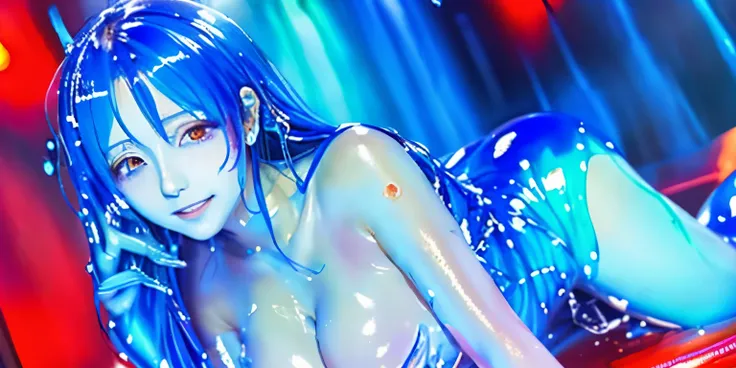 (hight resolution,masutepiece:1.2),Ultra-detailed,(Realistic:1.37), side shot, Slime Girl,covered in blue slime, (partially transparent), (Wet with water), (blue sweat), Slimy blue liquid dripping from her body. Her hair is also covered in blue slime. blue...