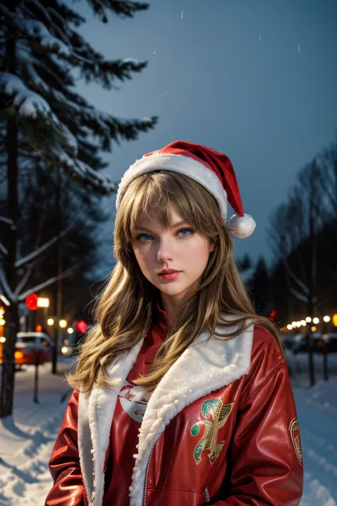 a photo of taylor swift wearing santa outfit standing in park, snow, snowfall, outdoors, snowflakes, night, neon lights, happy, ...